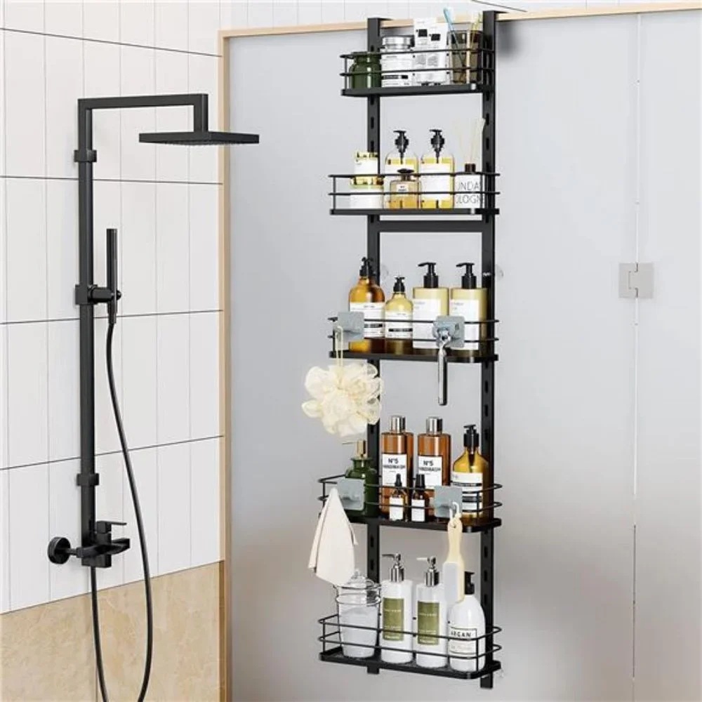5 Tier Over the Shower Door Caddy, Adjustable Rustproof Shower Organizer, Black